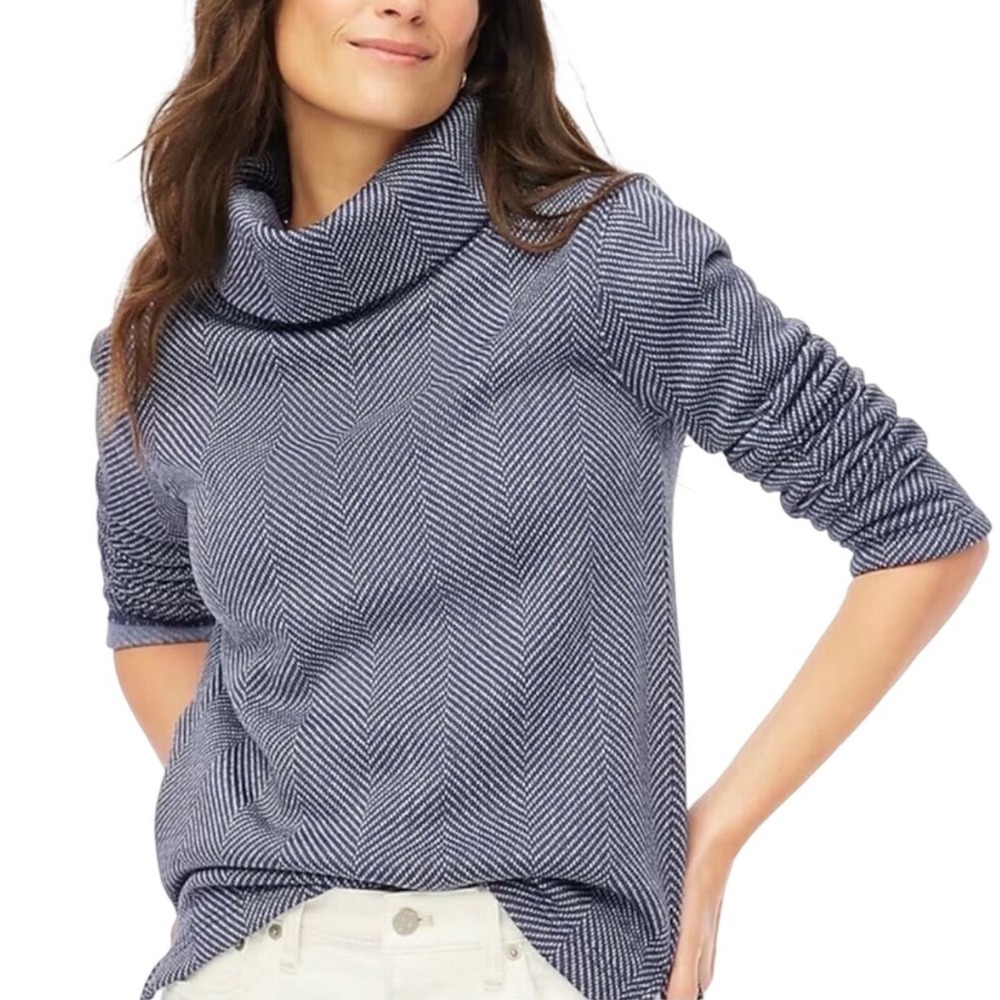 J.Crew Herringbone Funnel Neck Pullover Sweater Navy White Size Small